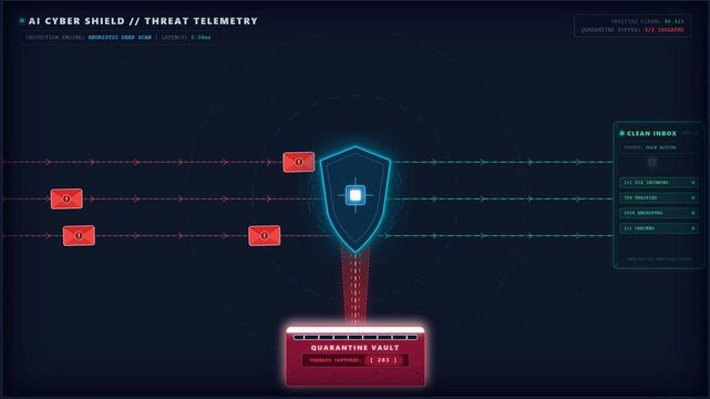 AI Email Filtering Phishing Spam and Malware into Quarantine Vault Animation