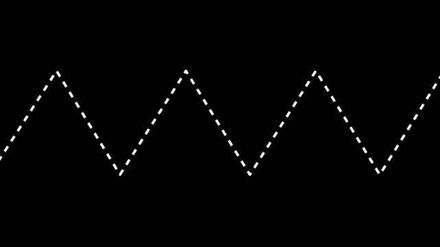 An animated dashed line moving up and down to form a zig-zag pattern&mdash;perfect as an aesthetic connecting line&mdash;set against a black background; 4K video.
