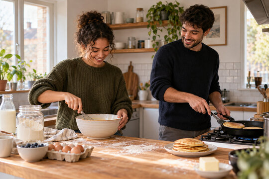 Two roommates making pancakes in a bright kitchen with flour on the counter