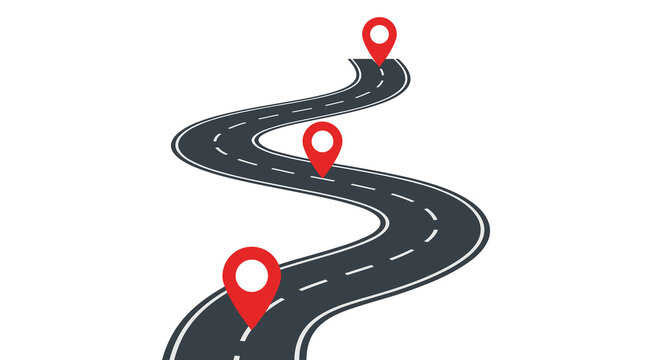 Winding Highway with Red Location Pointers and Route Markers Editable Vector Illustration on White Background
