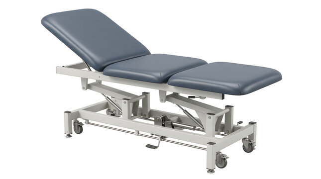 Adjustable medical examination table with blue cushions isolated on transparent background