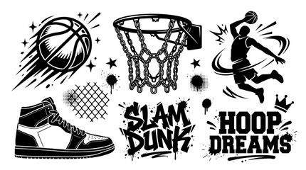 Basketball Sports Elements Set With Hoop Ball Sneaker and Typography © Crafted Creations