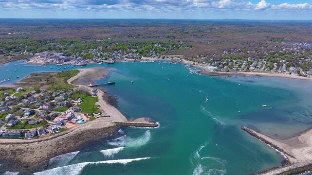 Historic residential houses aerial view on First Cliff village at Scituate Harbor, town of Scituate, Massachusetts MA, USA. 