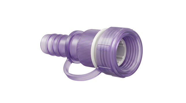 Purple enteral feeding tube connector isolated on transparent background for medical equipment use