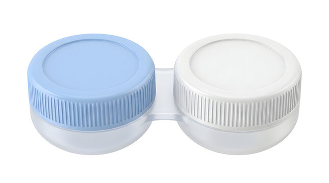 Plastic contact lens case with blue and white caps isolated on transparent background