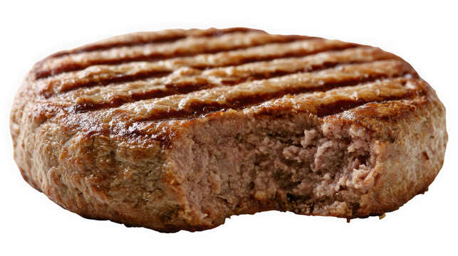 Grilled beef patty with a bite taken out on white background