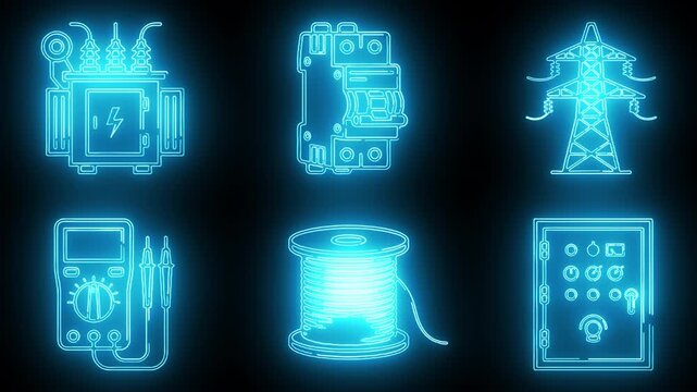 Neon Blue Electrical Power Infrastructure Measuring Tools and Control Equipment : power transformer, circuit breaker, transmission pylon tower, digital multimeter, copper wire spool, control panel cab