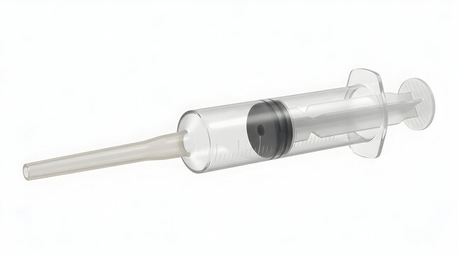 Medical irrigation syringe with plastic nozzle isolated on transparent background for clinical use