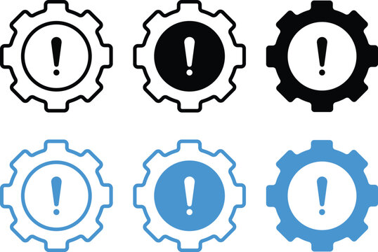 Technical warning gear icon set. System alert symbols. Exclamation error hazard and maintenance notice signs