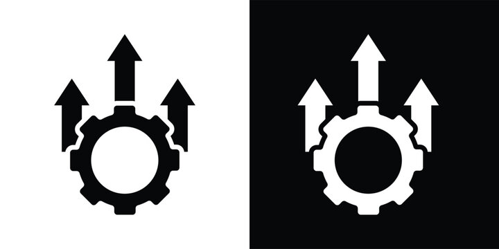 Upgrade gear icon set. System enhancement symbols. Rising arrow boost and operational progress signs. performance growth icons collection