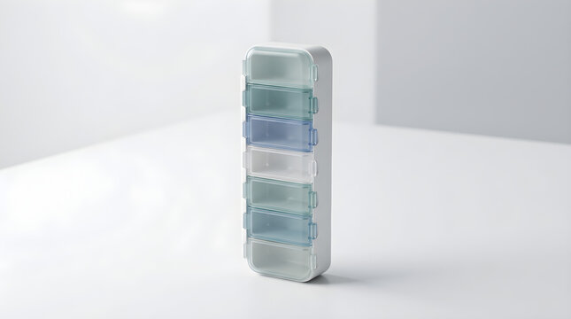Vertical pill organizer with seven colorful compartments isolated on transparent background