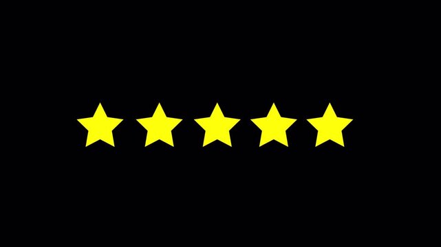 A clean five star rating animation featuring five bright yellow stars on a solid black background