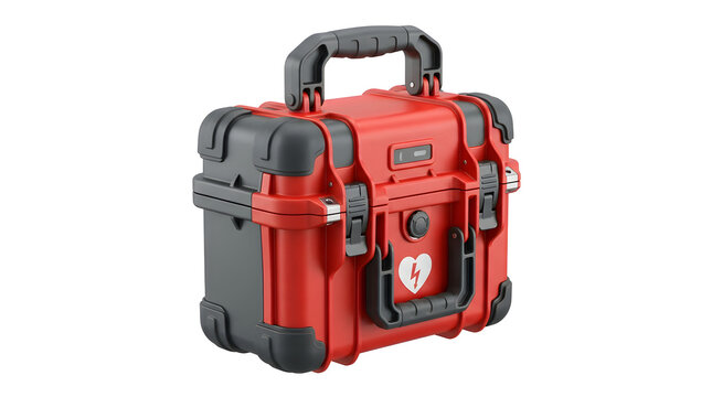 Portable automated external defibrillator case isolated on transparent background for emergency medical safety