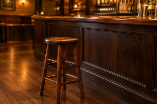 Wooden barstool in front of dark bar counter in empty room, hospitality and interior concept