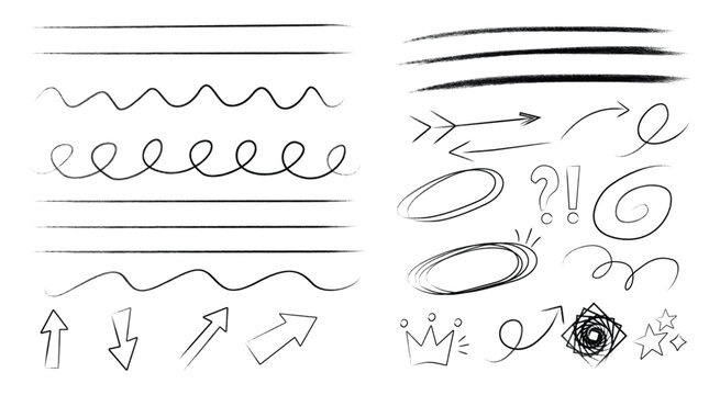 Doodle Symbols. Hand Drawn Speech Bubbles Frames Arrows and Icons