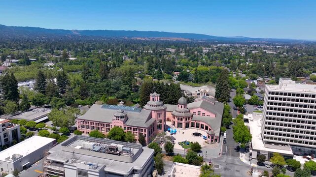 Mountain View historic city center aerial view on Mercy Street including City Hall and Center for the Performing Arts, Mountain View, California CA, USA. 