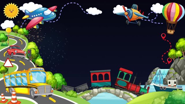 Cartoon Transportation Border Animation with Fireworks in Night Sky
