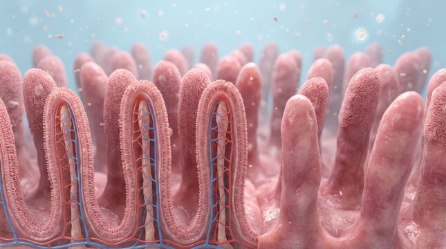 Microscopic intestinal villi structure displaying capillary network and epithelial cell layer rendering for biological and medical education resources presentation