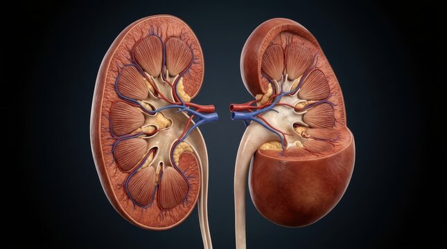 Human kidney anatomical cross section showing renal cortex pyramid structures and vascular system illustration for medical education and scientific publications