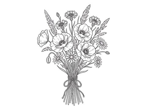 Beautiful floral bouquet line art featuring detailed wildflowers like poppies and cornflowers tied together tightly with twine for adult coloring book pages and botanical graphic design projects