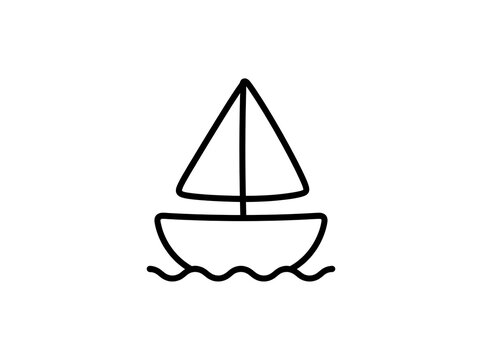 Minimalist black outline sailboat icon featuring simple graphic vector style depicting nautical travel transport adventure concept design elements on white background