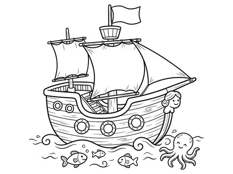 Cute pirate ship coloring page featuring friendly ocean animals including playful fish and a smiling octopus swimming together beneath waves in simple black and white vector outline art style