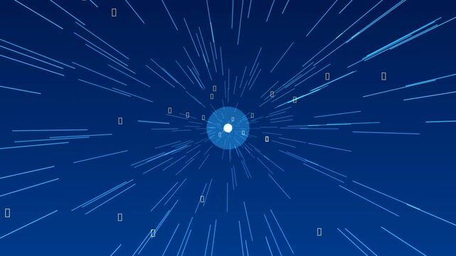 Abstract glowing blue lines and digital particle data rushing outward into hyperspace creating deep interstellar travel visuals