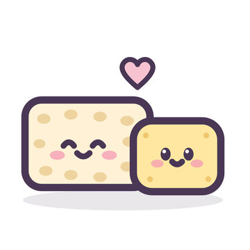 Cute tofu and tempeh icon, Indonesian tahu tempe best friends with heart, pastel kawaii food illustration isolated on transparent background