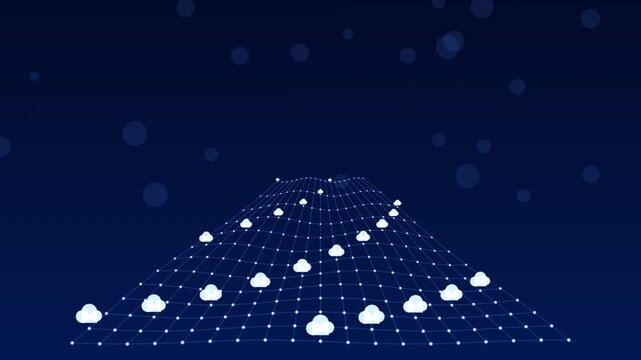Glowing white cloud icons moving steadily across a digital wireframe mesh mountain representing network connectivity services