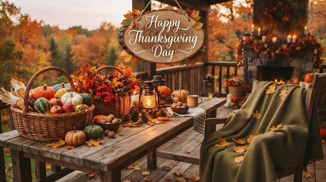 Thanksgiving outdoor table setup with pumpkins autumn leaves and warm lighting