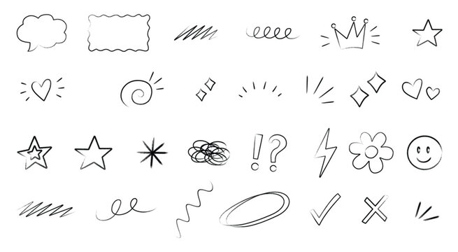 Doodle Symbols. Hand Drawn Speech Bubbles Frames Arrows and Icons