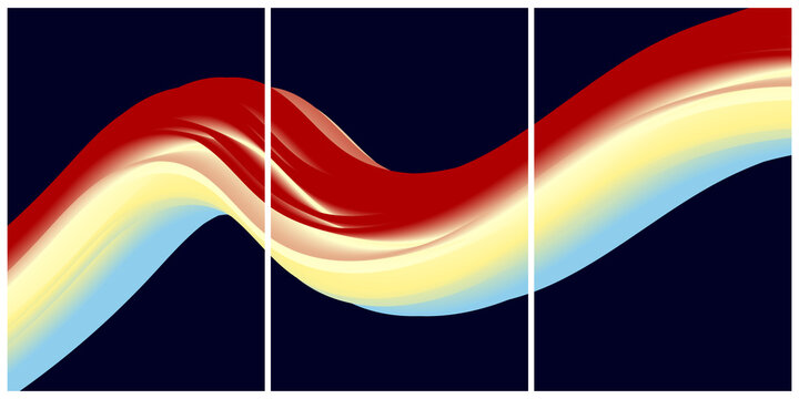 Abstract triptych art with flowing vibrant colorful waves on a dark blue background