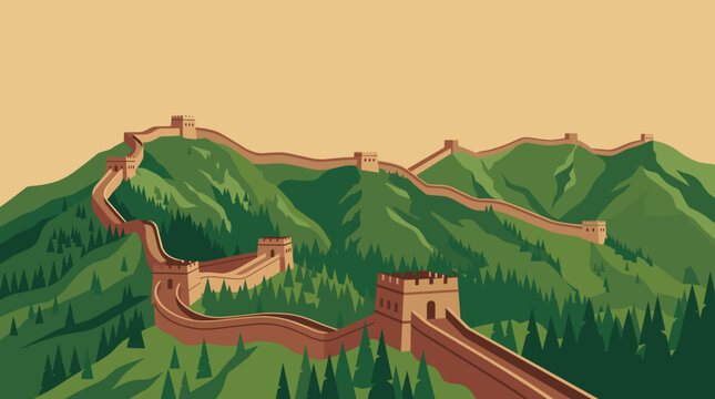Wide panoramic vector illustration of the Great Wall of China winding across lush green mountain ridges with watchtowers under a clear sky, minimalist flat design style travel art.