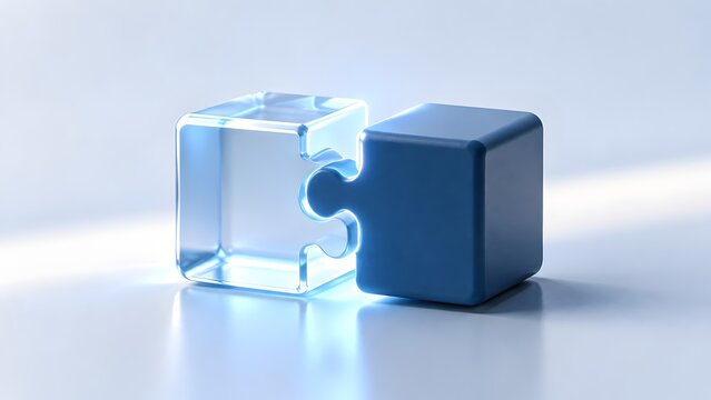 Abstract 3D illustration of a glowing transparent glass cube and a solid blue block interlocking like puzzle pieces, symbolizing business synergy, strategic solutions, and perfect integration.