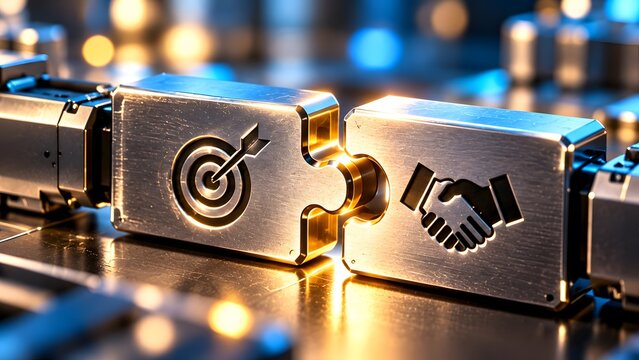 Two metallic puzzle pieces with target and handshake icons connecting on a glowing technological background, symbolizing business partnership, strategic goal alignment, and corporate success.
