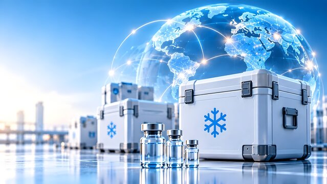 Global pharmaceutical cold chain logistics and vaccine distribution concept featuring medical vials and refrigerated transport containers with a glowing digital globe background network.