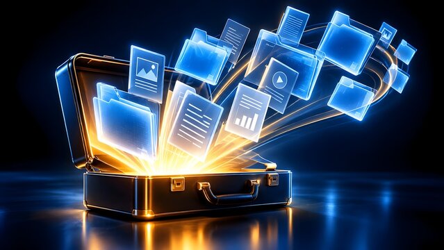 Digital document management and business portfolio concept with glowing blue files and folders flying from open briefcase