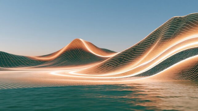 Abstract wireframe wave landscape with glowing orange lines over teal water under clear blue sky