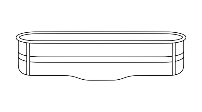 Stainless drywall mud pan trough container featuring an elongated metal tray with a contoured curved bottom, rounded rolled rim, and end brackets, shown as a masonry tool outline vector icon