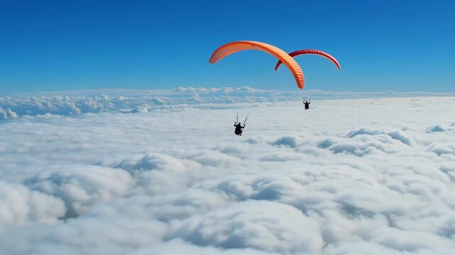 Paragliding above clouds in blue sky extreme sport