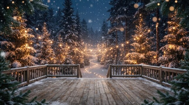Rustic wooden deck framing a magical snow covered forest lit with holiday lights
