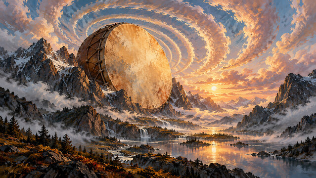 Mountain Landscape with a Giant Frame Drum and Sound Clouds