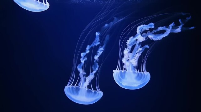 Group of translucent blue jellyfish swimming gracefully through deep dark ocean water with long tentacles 4K Generative AI
