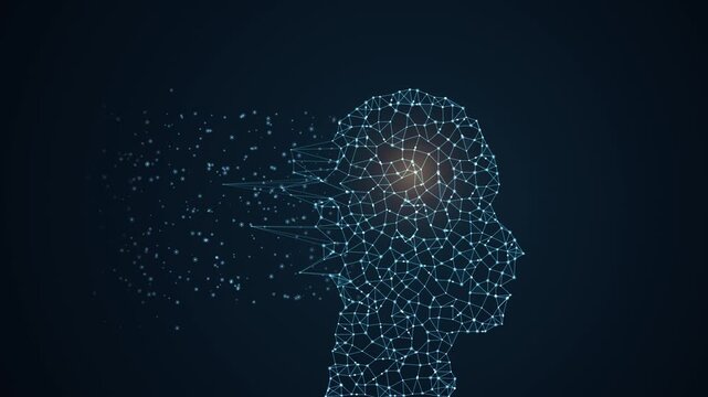Digital human head profile made of connected glowing nodes and lines network