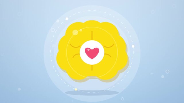 Heart icon inside a yellow cloud shape is displayed centrally against a light blue background with circular patterns.