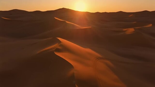 Golden sunset illuminating vast undulating sand dunes in the deep silence of the remote desert 4K Generative AI