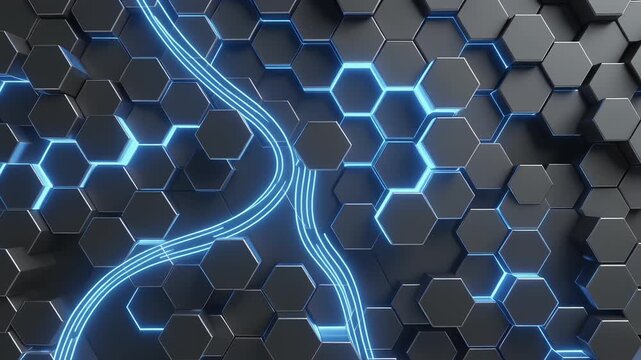 Abstract digital background featuring glowing blue data lines flowing through a dark metallic honeycomb structure 4K Generative AI