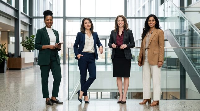 A diverse group of business professionals confidently stand together in a bright modern lobby featuring expansive glass walls and abundant natural
