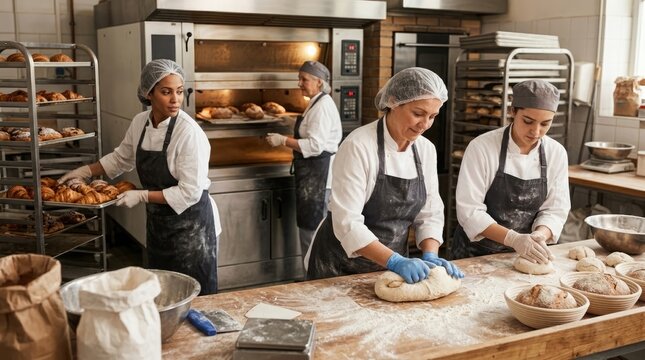 Dedicated bakers working diligently in a commercial bakery preparing fresh bread and pastries for customers daily