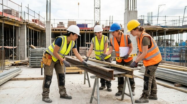 Construction crew members working together on a building construction site focusing on installing reinforcing steel rebar outside